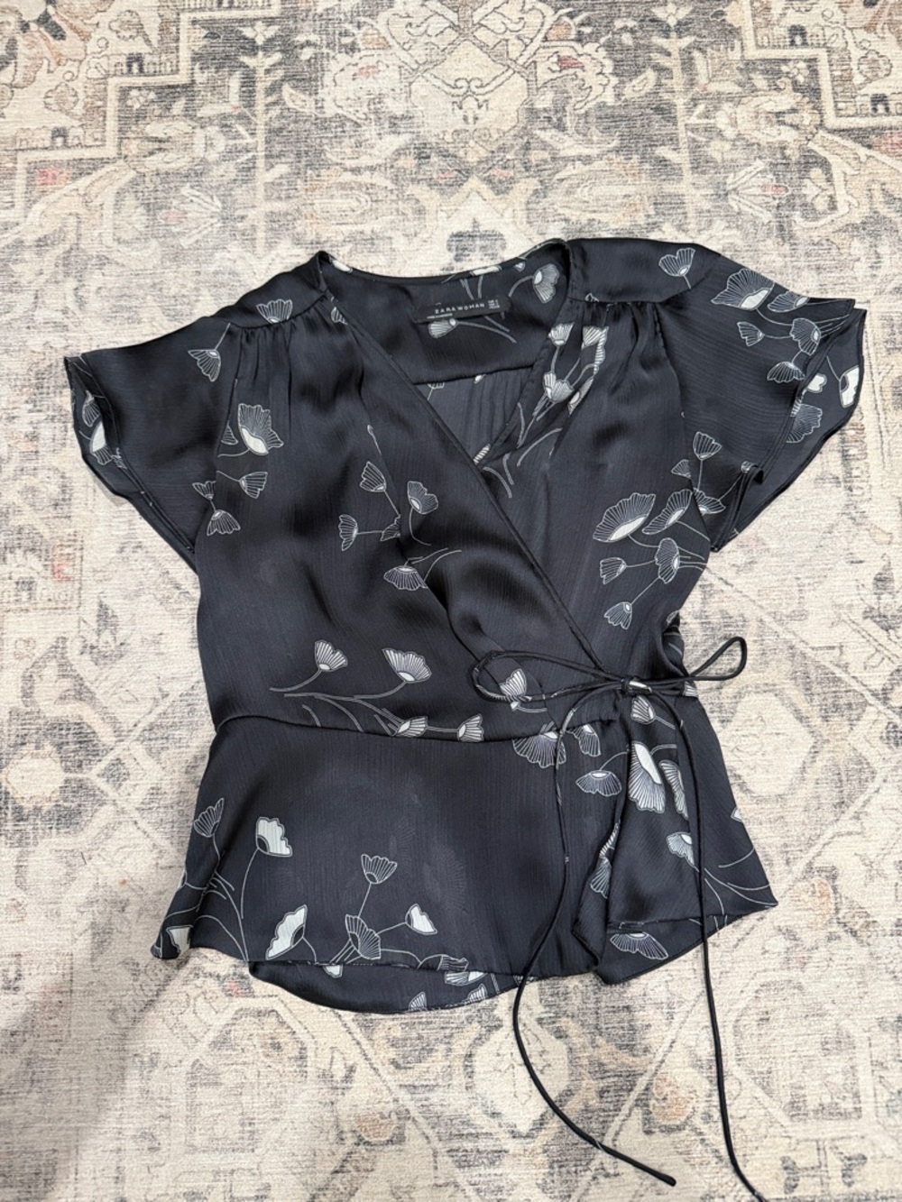 Zara Black Floral Wrap Blouse with Tie